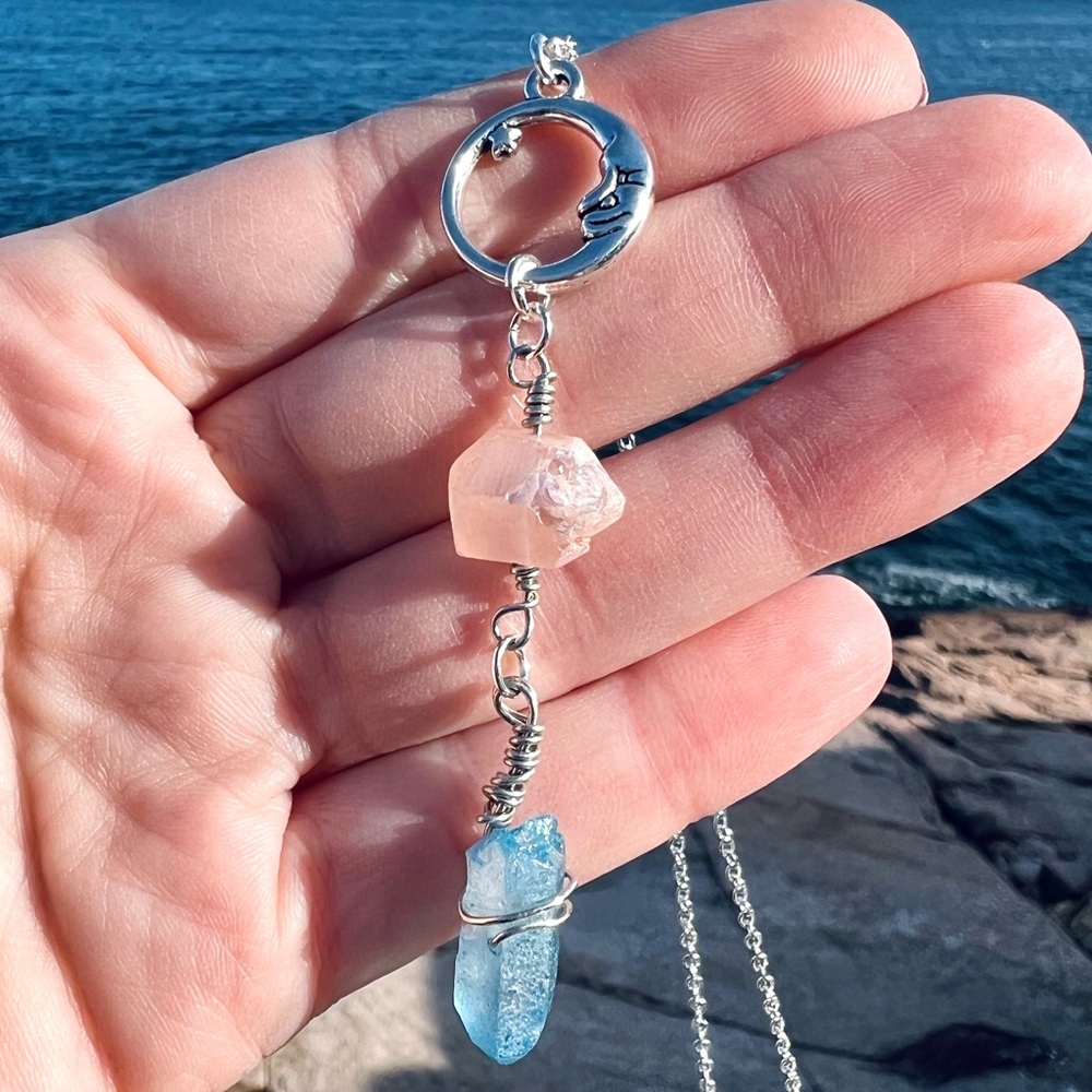 Blue & Peach Luna Aura Quartz Necklace - Picture 4 of 6